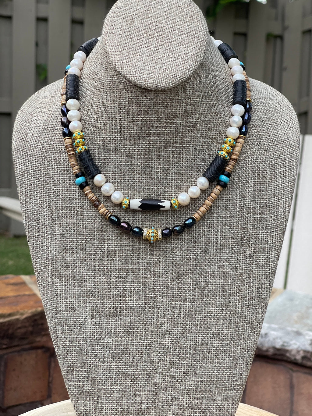 Coconut Midnight Pearl Necklace: Coconut Shell, Freshwater midnight Pearls, Turquoise & gold accents OOAK