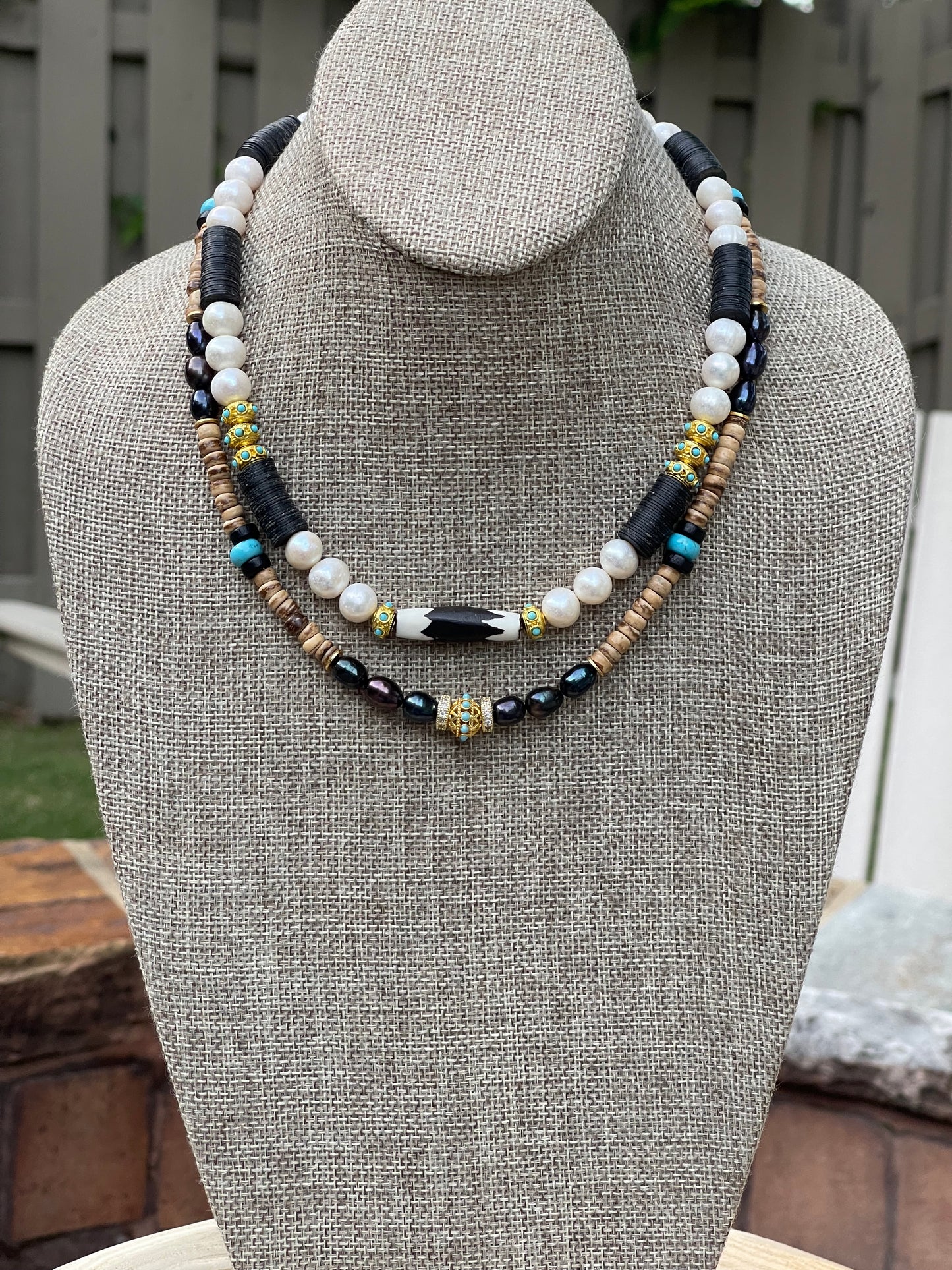 Coconut Midnight Pearl Necklace: Coconut Shell, Freshwater midnight Pearls, Turquoise & gold accents OOAK