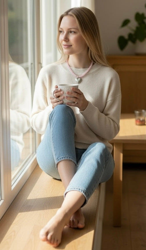 La Vie en Rose necklace: Rose Quartz round beads with choice of Heart pendant