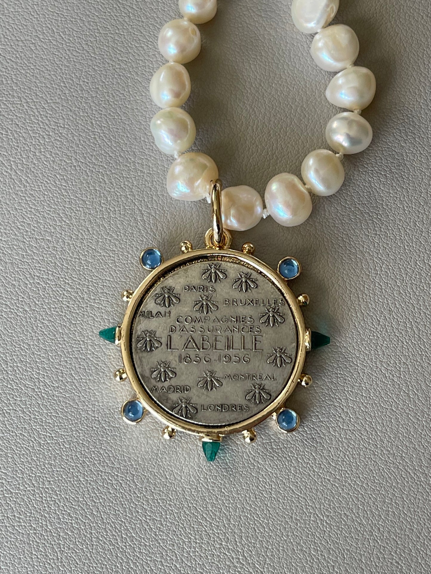 Oui Madame Necklace: Hand Knotted Freshwater Pearls Gold Bean Clasp French Coin Charm w Blue&Green Accents