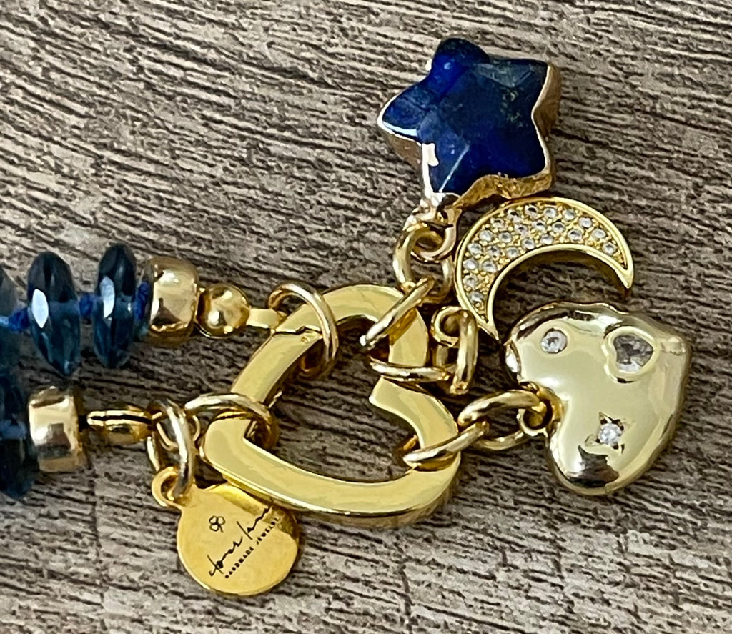 London Blue Bracelet: Hand knotted London Blue Topaz faceted gemstone beads Gold heart clasp with Lapis Lazuli star, Pavé moon and CZ accent heart charms OOAK