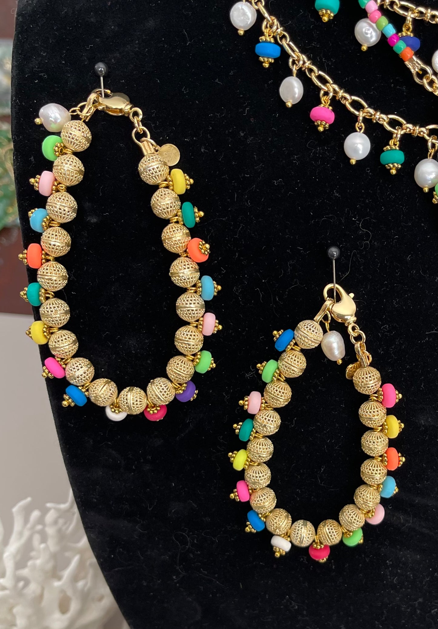 Paradise Island Bracelet: 14k Gold plated textured beads w multicolor polymer clay charms Freshwater Pearl charm on a gold filled clasp