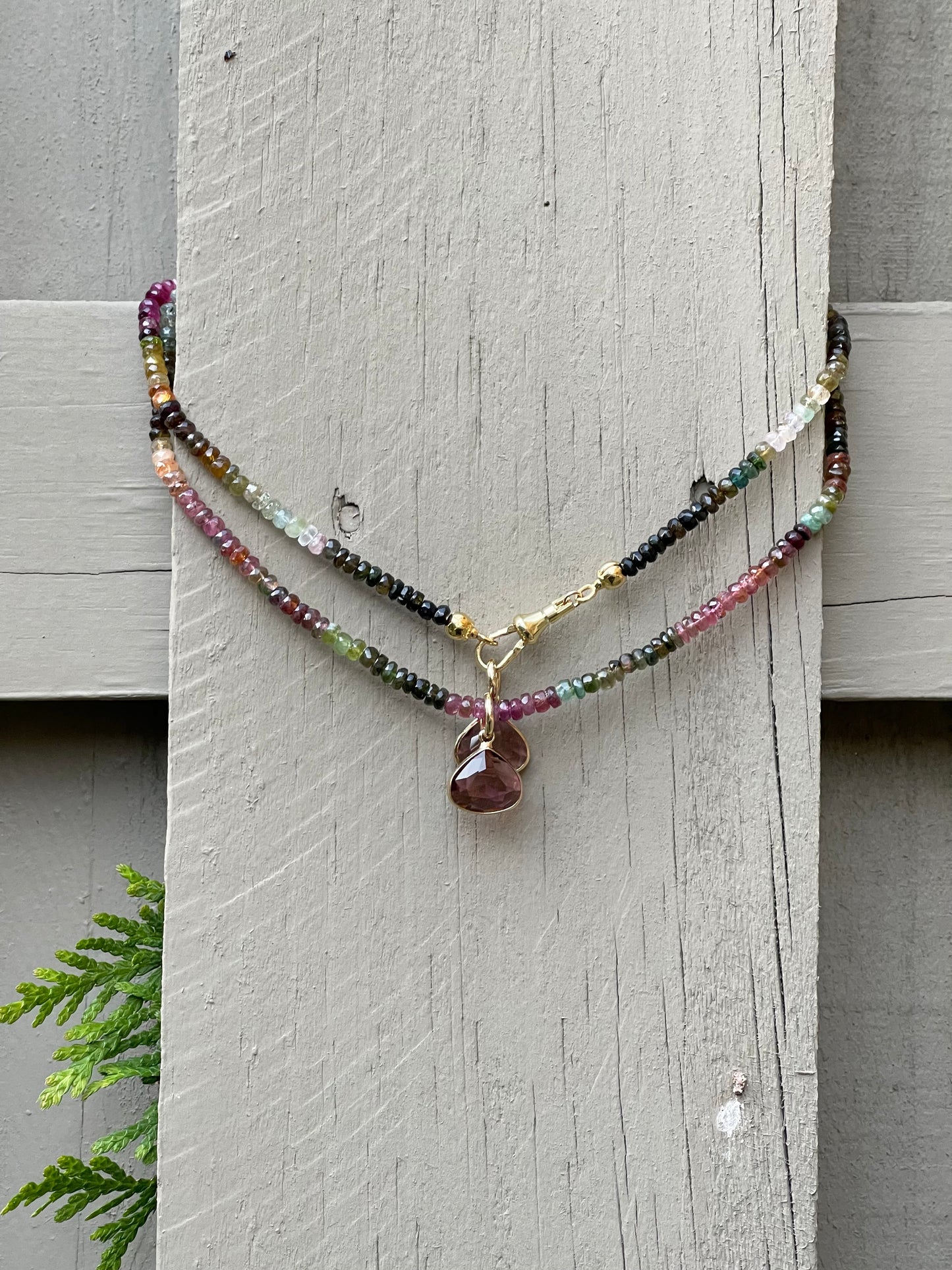 Tourmaline Dream Necklace: Faceted Tourmaline Gemstone beads with a Gold Filled Clasp and a Crystal pendant