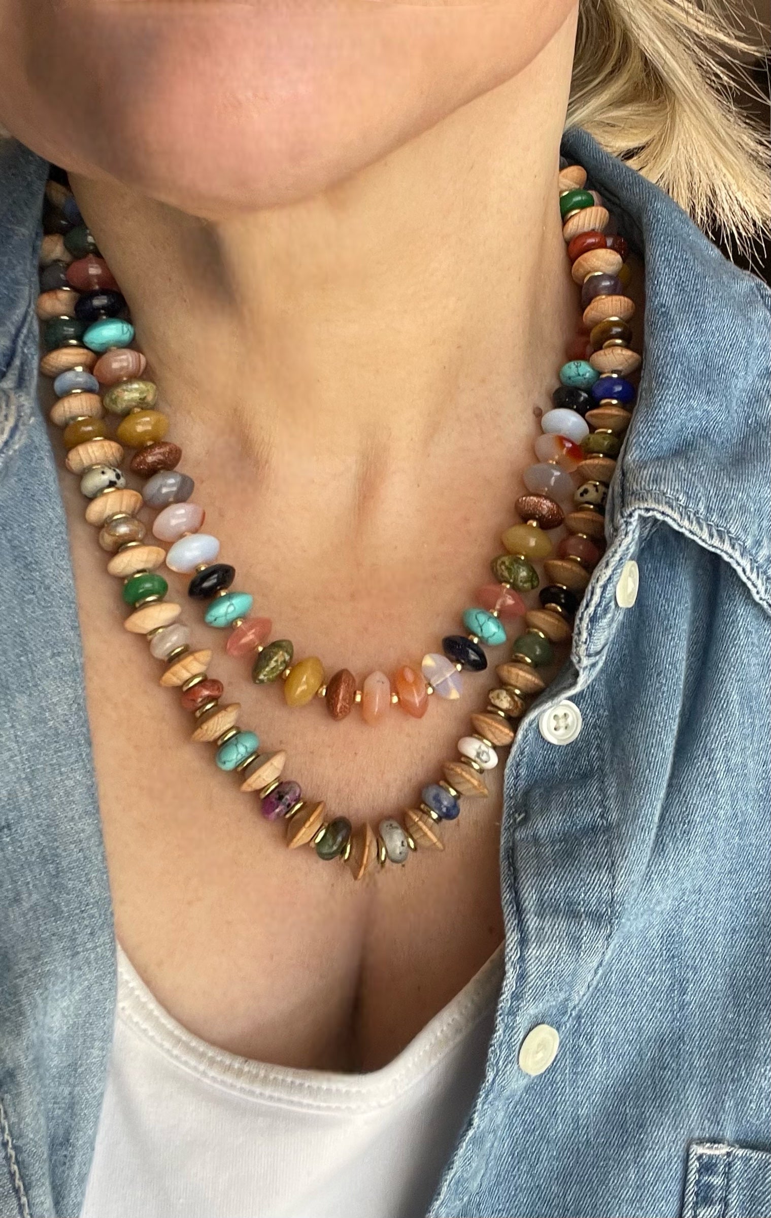The Francis Necklace: Natural Gemstone Disc Shaped Beads w Gold or Silver Accents