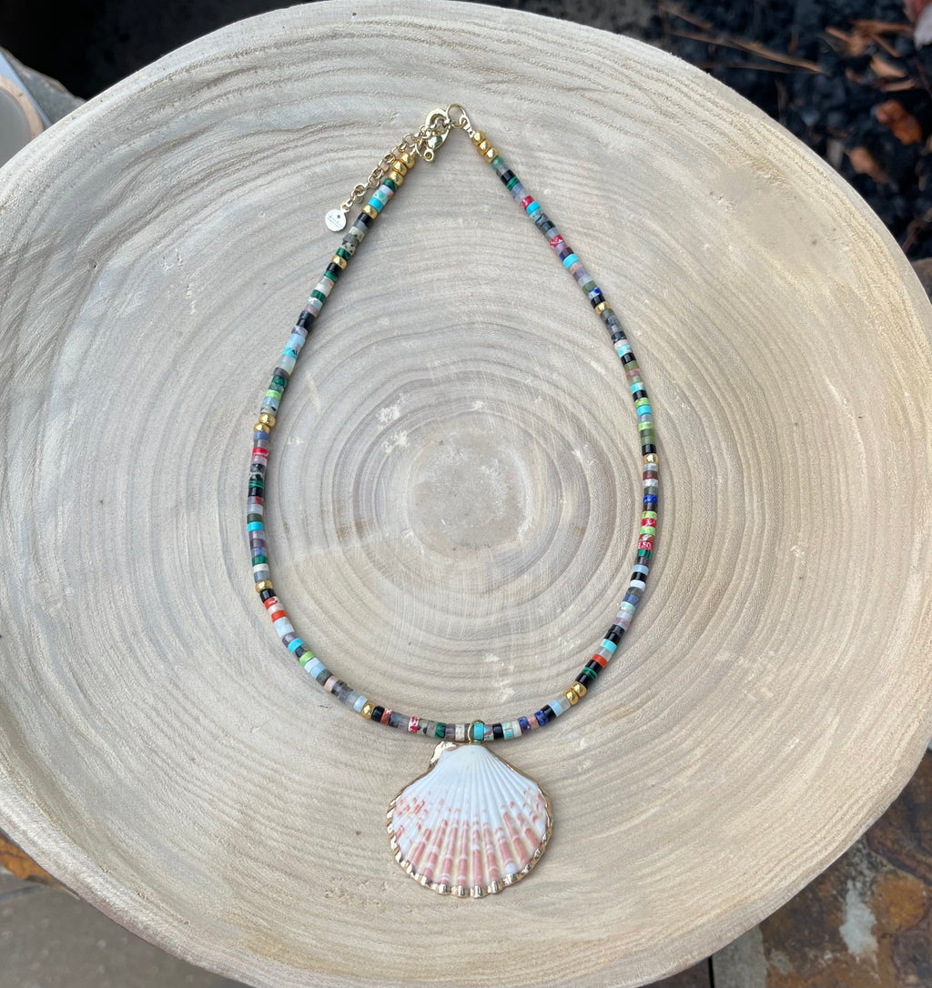 Multi Gem Seashell Necklace: Large variety of natural gemstone beads gold accents Natural seashell pendant