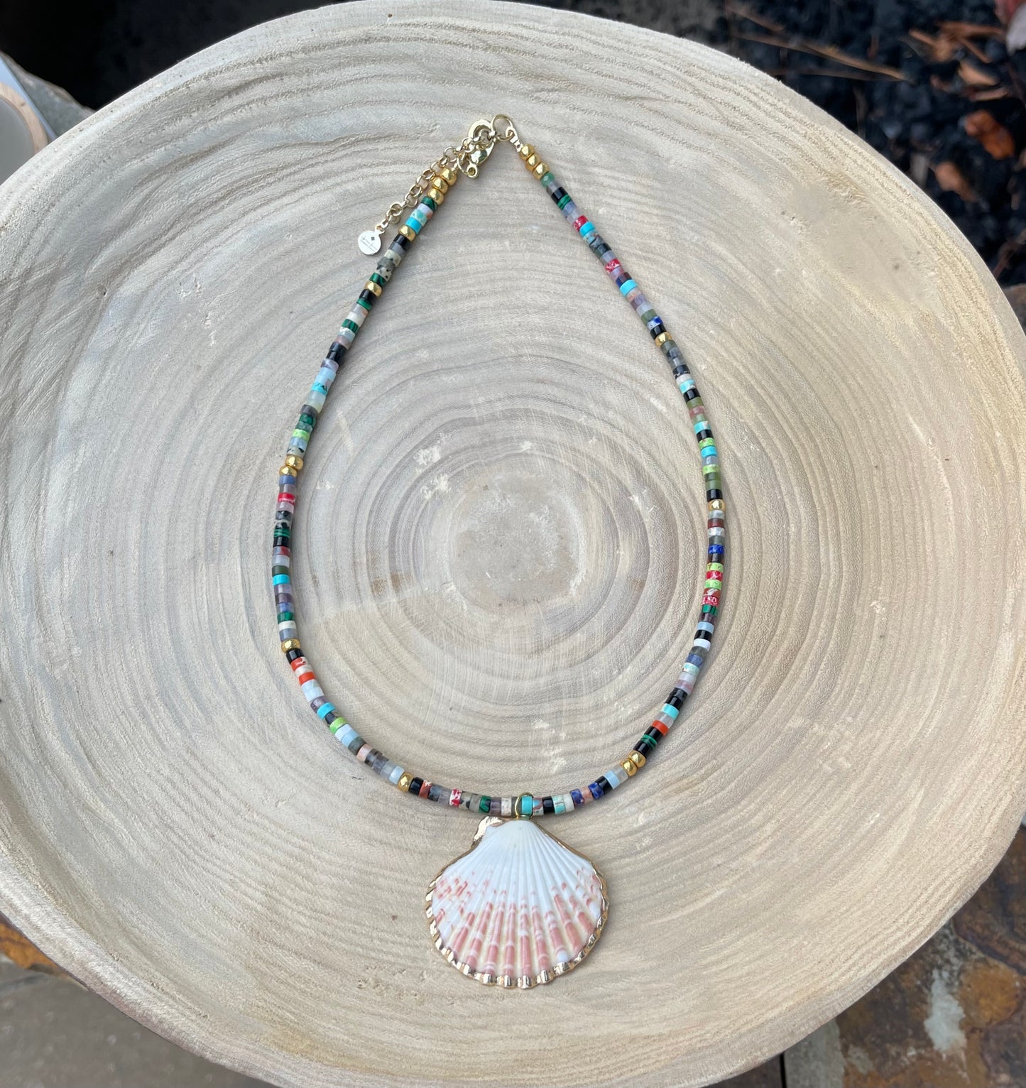 Multi Gem Seashell Necklace: Large variety of natural gemstone beads gold accents Natural seashell pendant