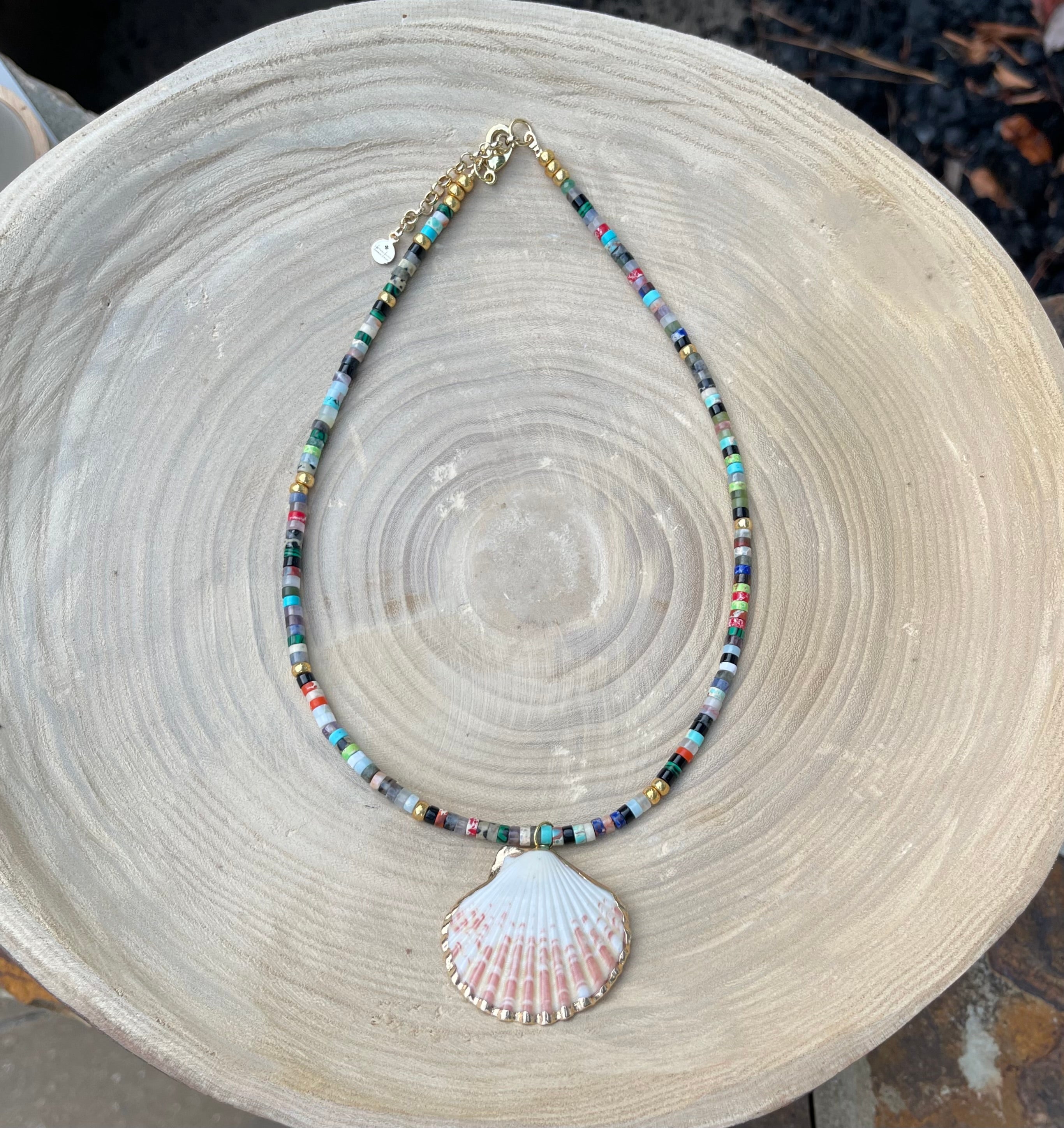 Multi Gem Seashell Necklace: Large variety of natural gemstone beads gold accents Natural seashell pendant