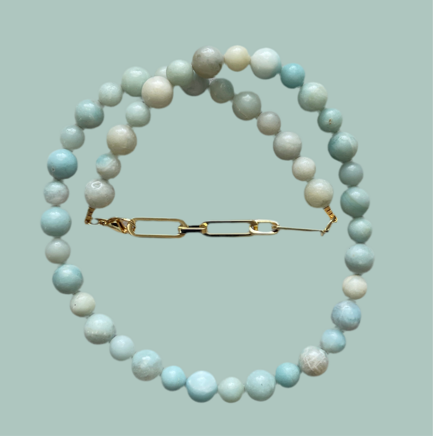 Gemma Amazonite Necklace: Natural Amazonite gemstone 8&10mm beads Gold clasp & Paperclip extender chain OOAK