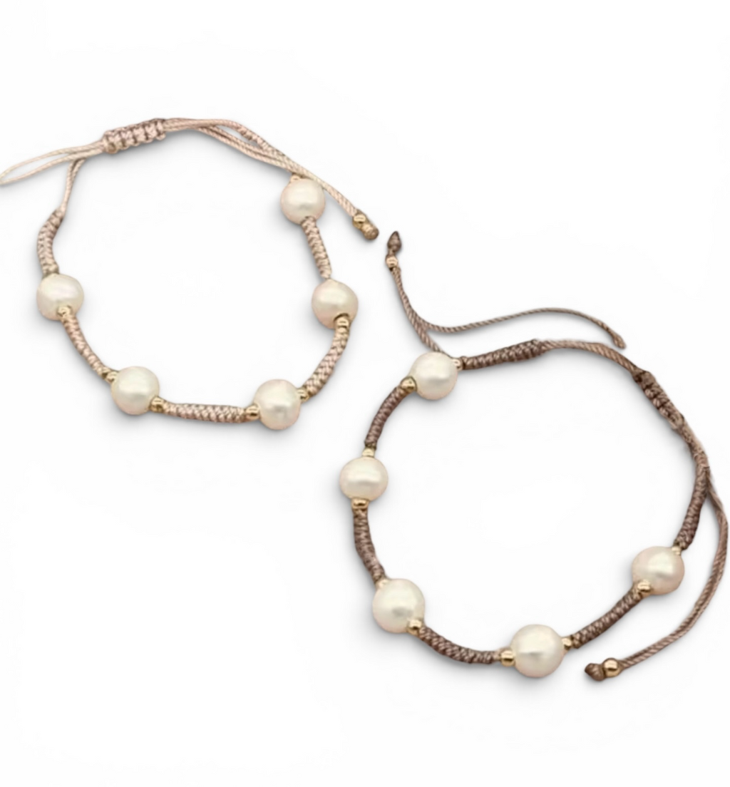 Quiet Luxury Bracelet: Freshwater Pearls, gold accents, hand woven and adjustable length