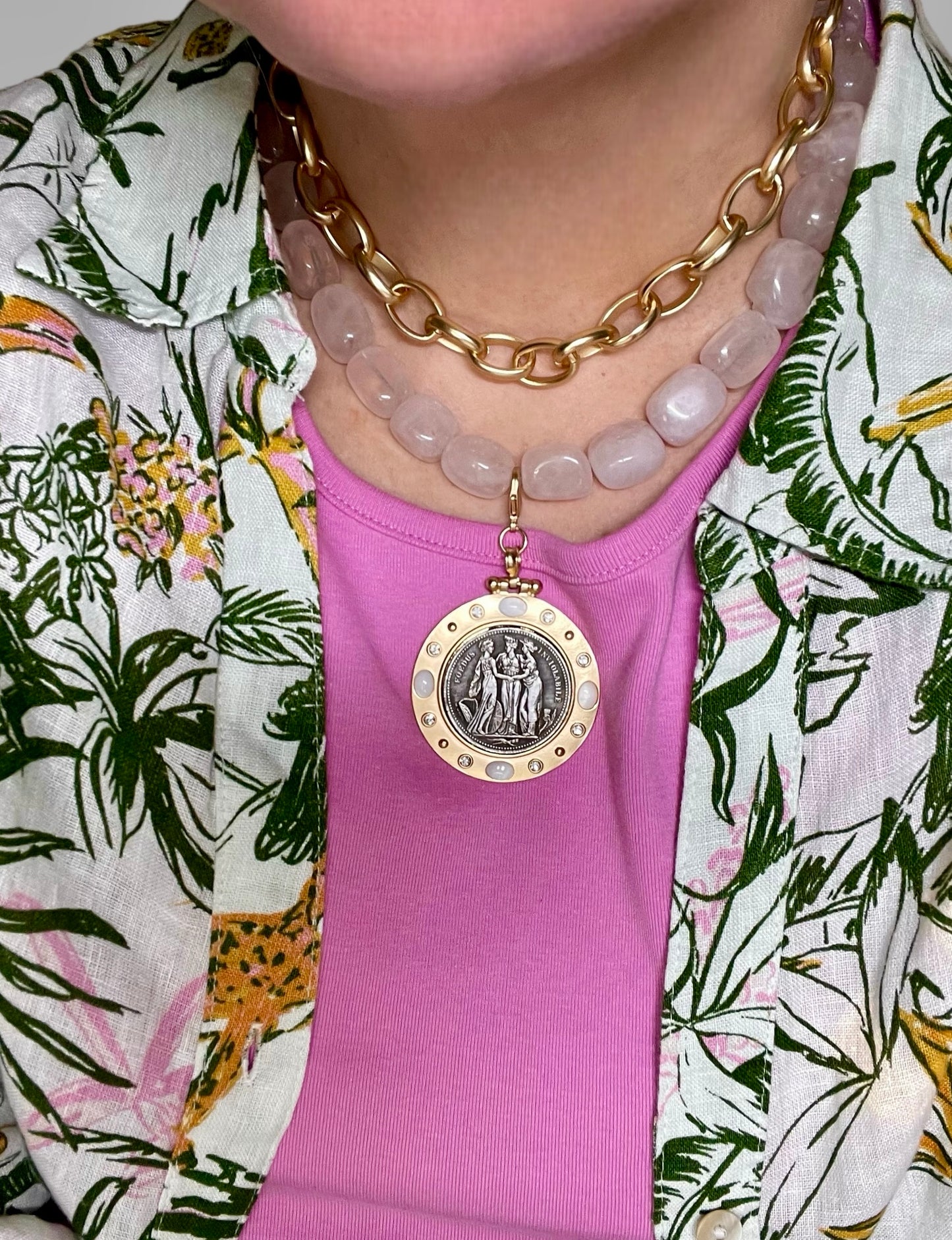 The Six Way Necklace: Rose Quartz and Brushed Gold Chain Duo with Greek Three Graces Replica Coin Pendant