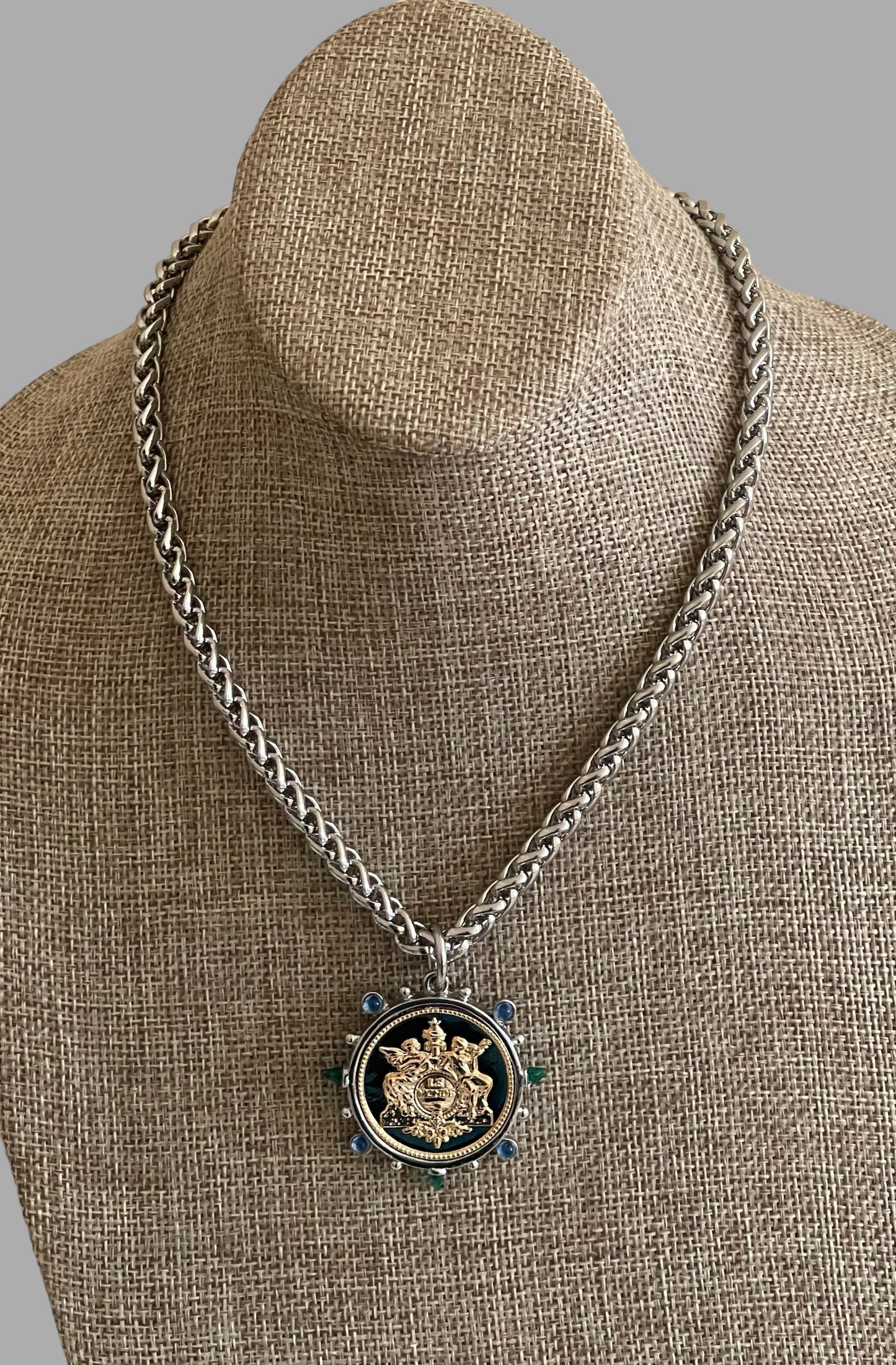 Le Monde Necklace: Rhodium Silver Wheat Chain with Silver & Gold French Replica Coin Pendant