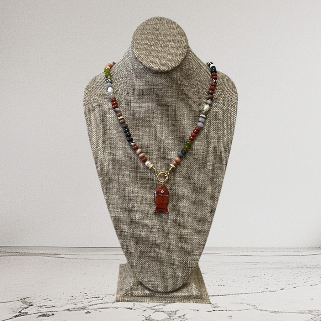 Reel Beauty 🎣 Mixed Gemstone necklace with Gold accents Gemstone fish pendant 4 options