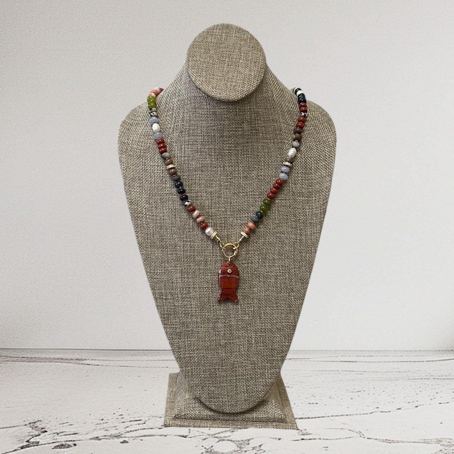 Reel Beauty 🎣 Mixed Gemstone necklace with Gold accents Gemstone fish pendant 3 options