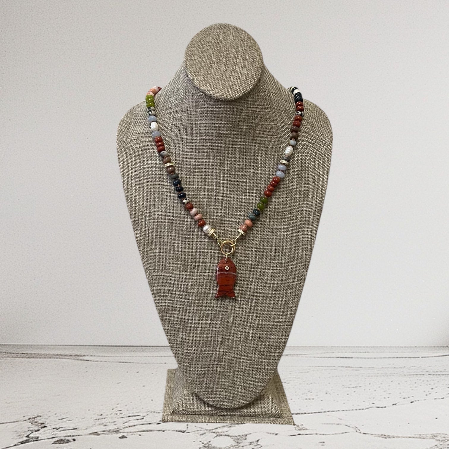 Reel Beauty 🎣 Mixed Gemstone necklace with Gold accents Gemstone fish pendant 4 options