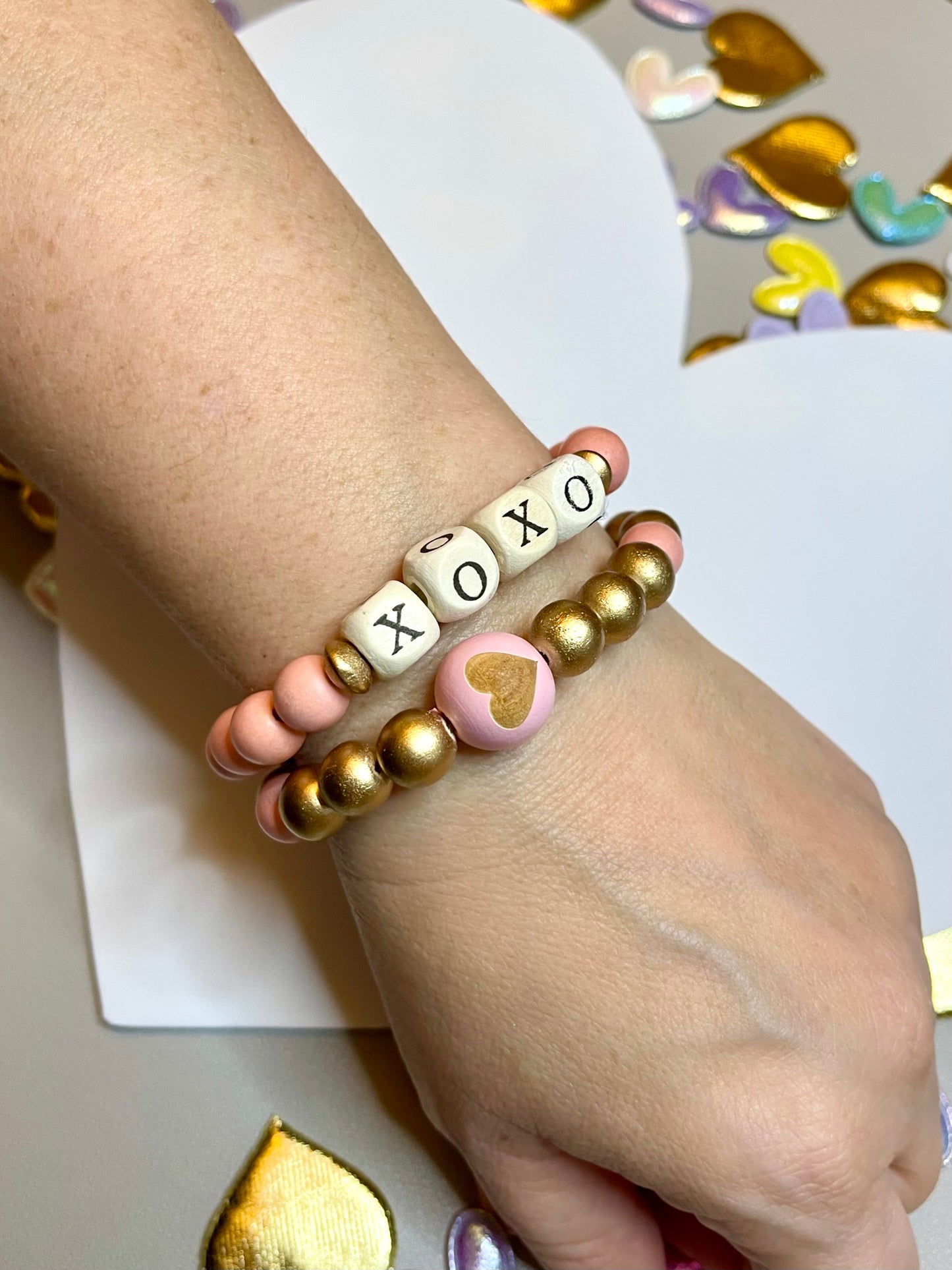 Pink & Gold XOXO Stack Stretch Bracelets (2)