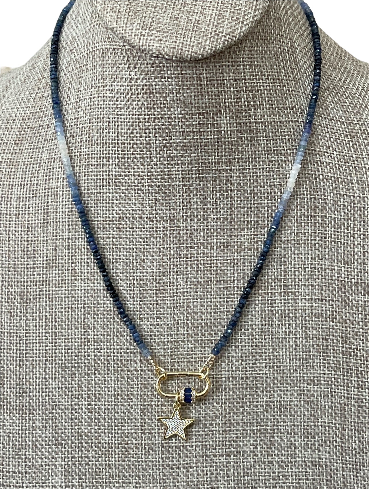 Starlight Path Necklace: Faceted Sapphire Gemstone beads in an ombré pattern, Gold carabiner with deep blue CZ’s, Gold pavé star charm OOAK