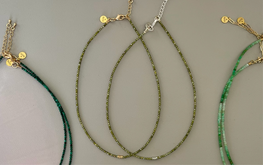 Green Zircon Skinnie: Olive Green Zircon beads with Gold or Silver accents