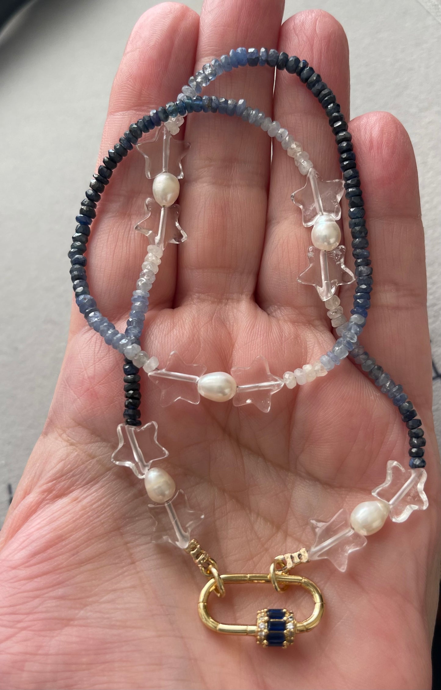 Starry Sky Necklace: Faceted Sapphire Gemstone beads in ombré pattern, Clear Quartz Stars, Freshwater Pearls, Gold clasp w blue CZ OOAK