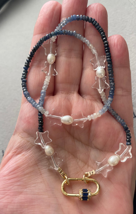 Starry Sky Necklace: Faceted Sapphire Gemstone beads in ombré pattern, Clear Quartz Stars, Freshwater Pearls, Gold clasp w blue CZ OOAK