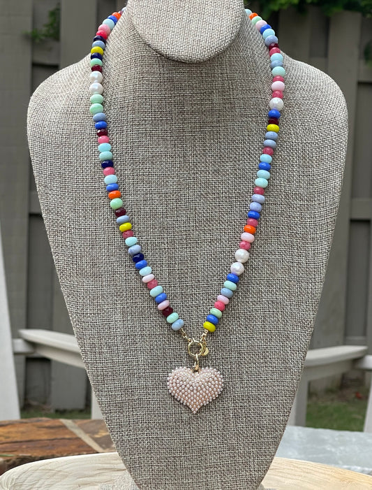 Multi Gemstone Pearl Pavé Heart Necklace: Multi gemstones, high quality round freshwaters pearls OOAK