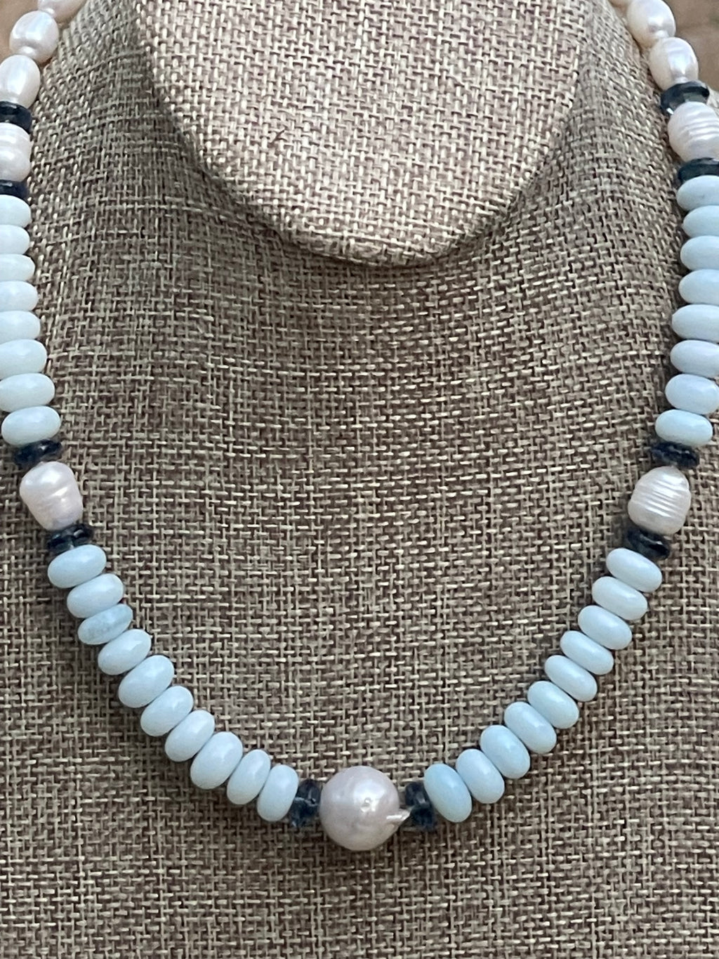 Coastal Charm Necklace OOAK: Pale blue opals AAA quality pearls London blue topaz Brushed silver clasp