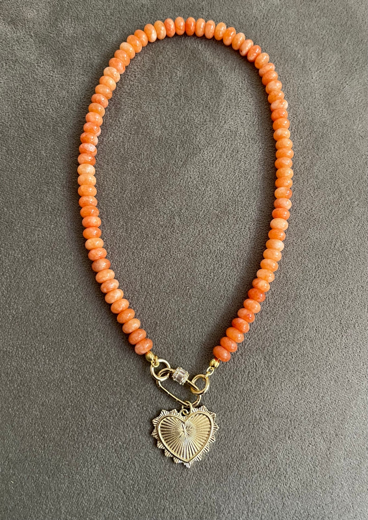 Orange Jade Necklace: Fall Orange Jade Rondelle shaped Beads w a Gold Plated Cubic Zirconia encrusted Clasp and Heart Charm