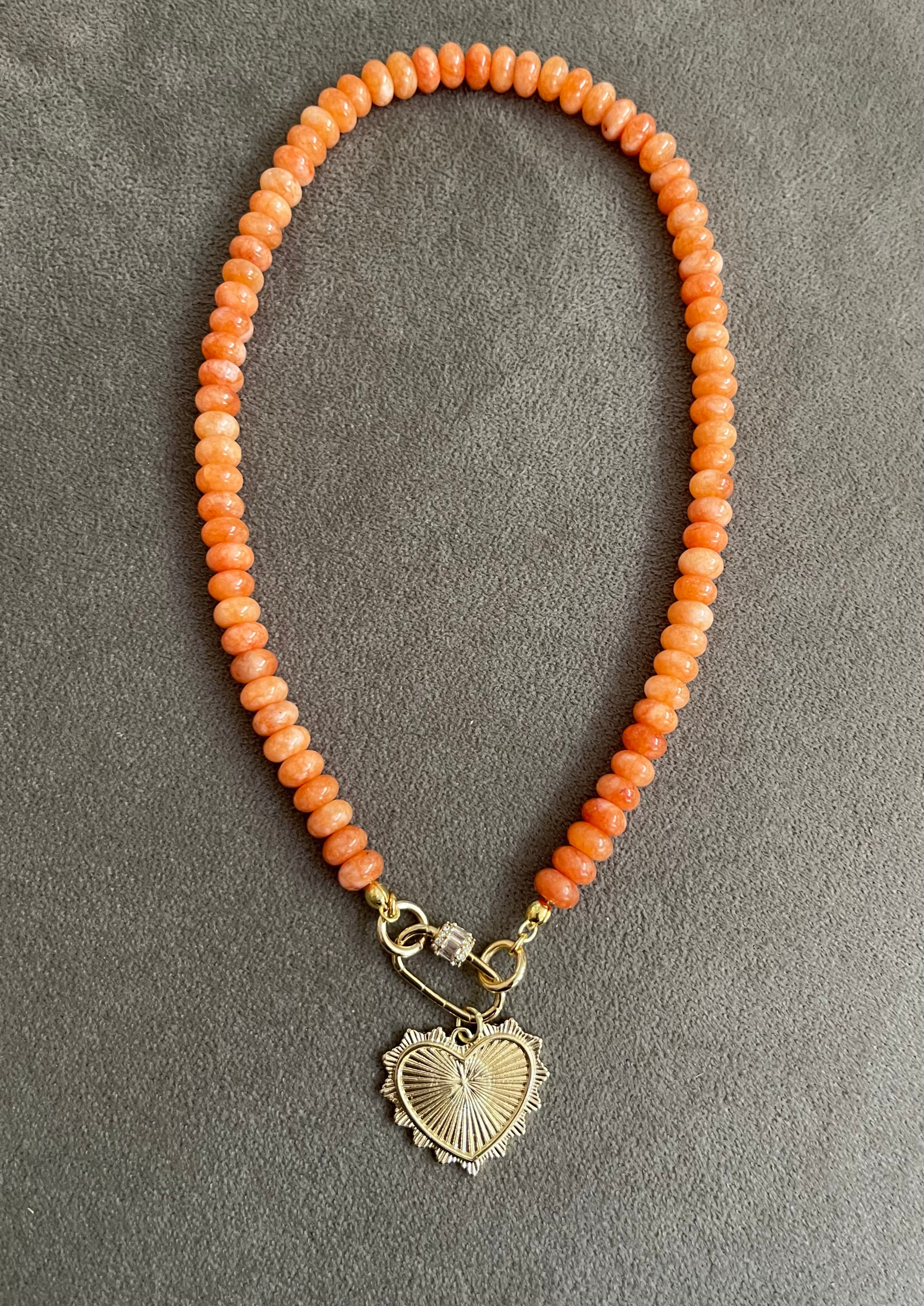 Pumpkin Spice Necklace: Fall Orange Jade Rondelle shaped Beads w a Gold Plated Cubic Zirconia encrusted Clasp and Heart Charm