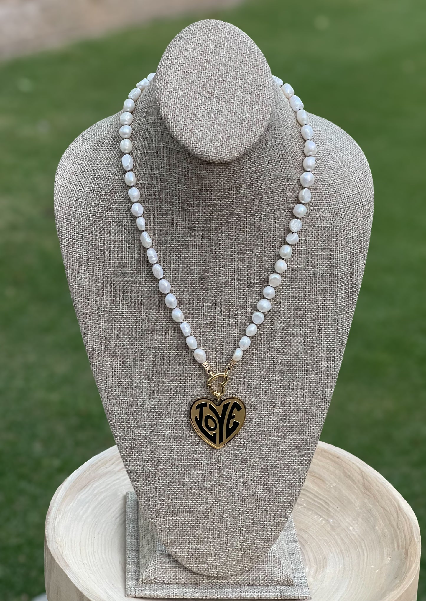 Can’t Buy Me Love Necklace: High Quality Lustrous Pearls HandKnotted on Black Silk Gold Heart Clasp and Love Heart Pendant OOAK