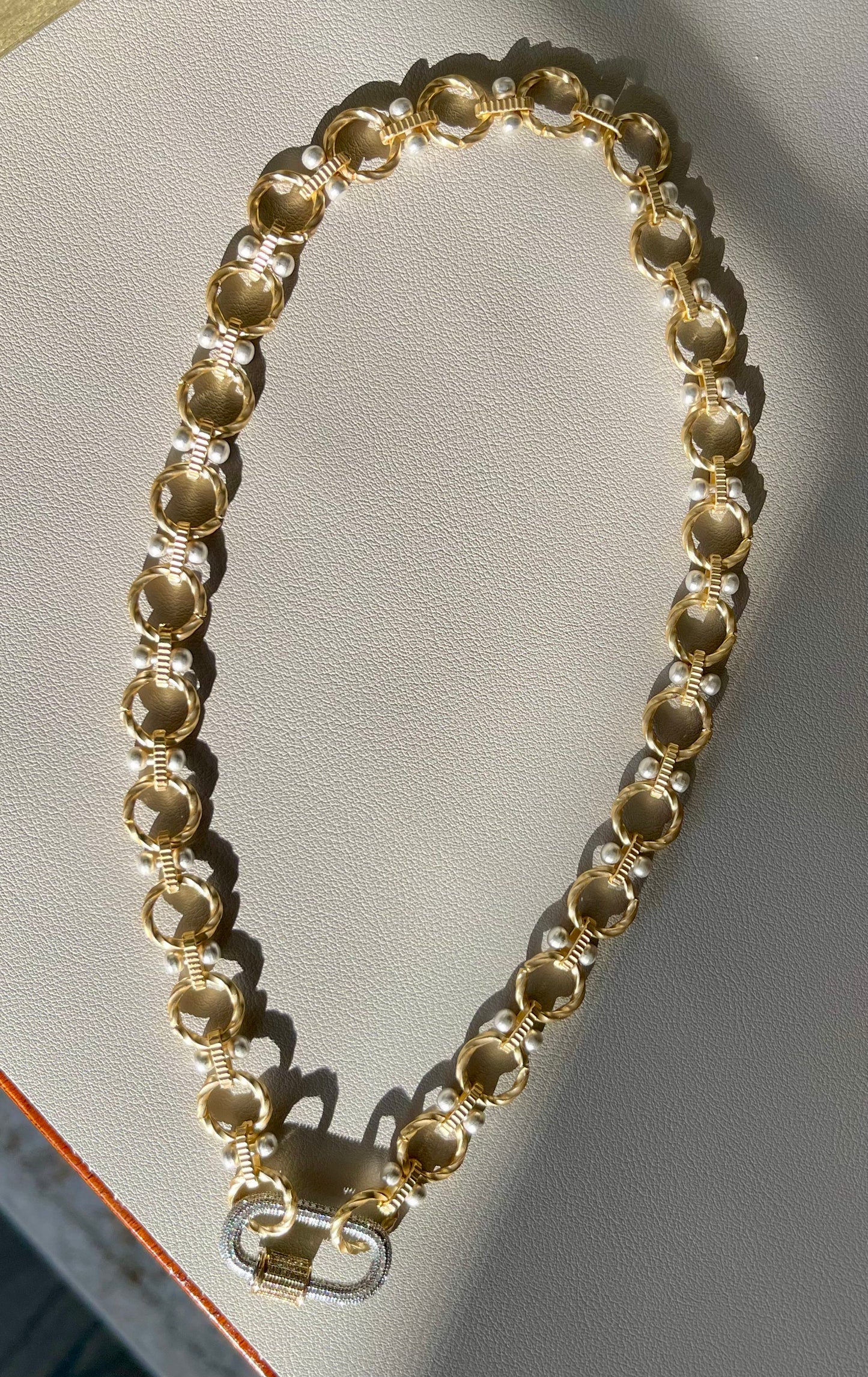 Park Ave Necklace: Brushed Gold Circle Chain w Silver accents and Pavé Mixed Metal Carabiner Clasp