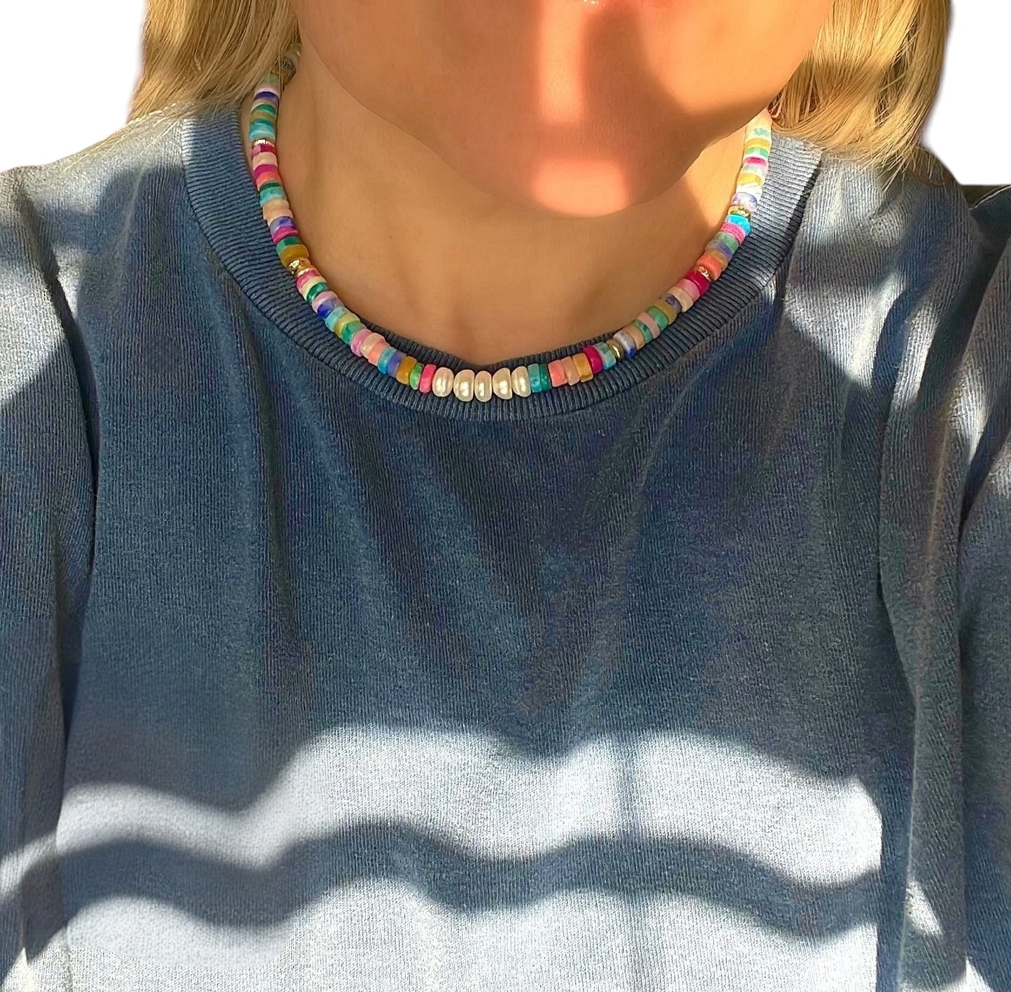 Summer Solstice Necklace: Opals, Agates, Jade & Pearls OOAK