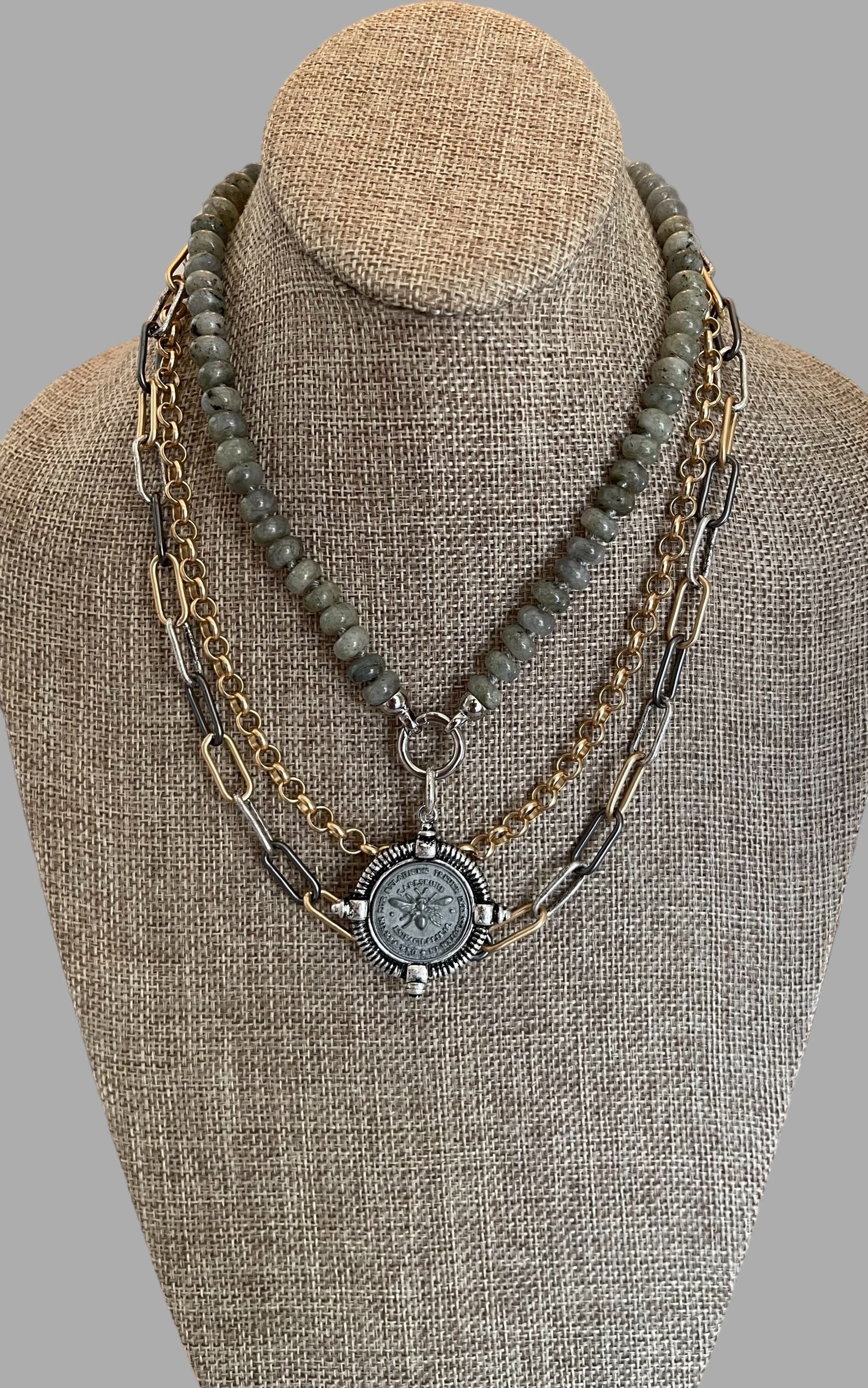 Double Chain Layering Necklace: A brushed gold Rolo chain and a Tri-tone Paperclip chain