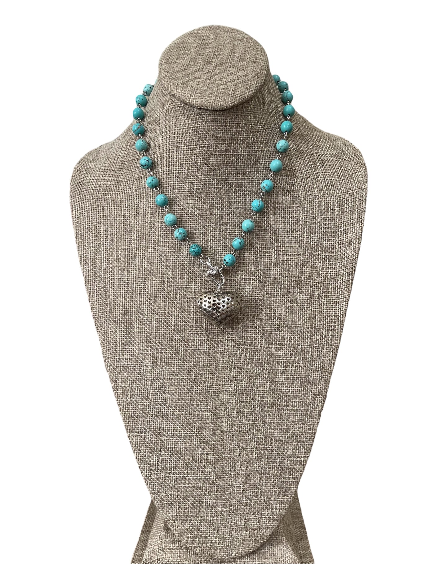 Turquoise Heartbeat Necklace: Bead-n-Link chain with Silver Trigger clasp and Heart pendant 8mm beads