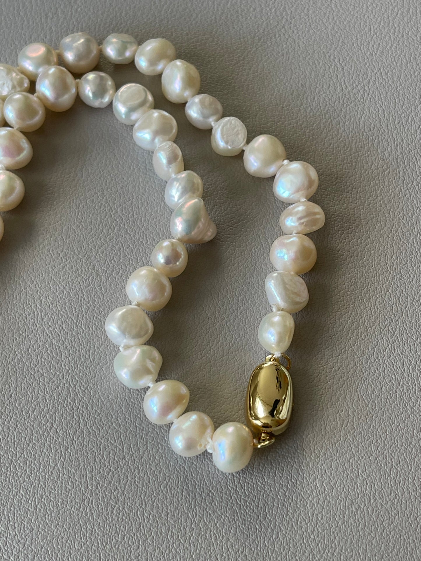 Oui Madame Necklace: Hand Knotted Freshwater Pearls Gold Bean Clasp French Coin Charm w Blue&Green Accents