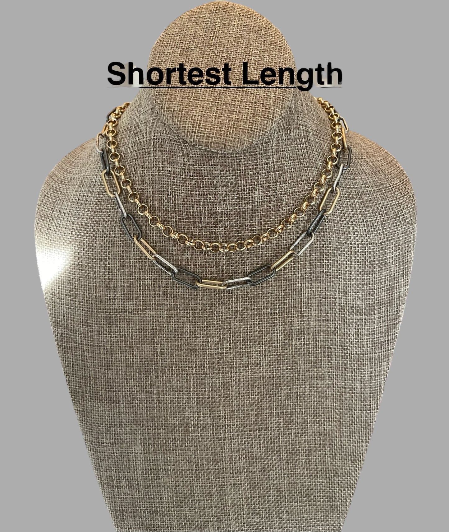 Double Chain Layering Necklace: A brushed gold Rolo chain and a Tri-tone Paperclip chain