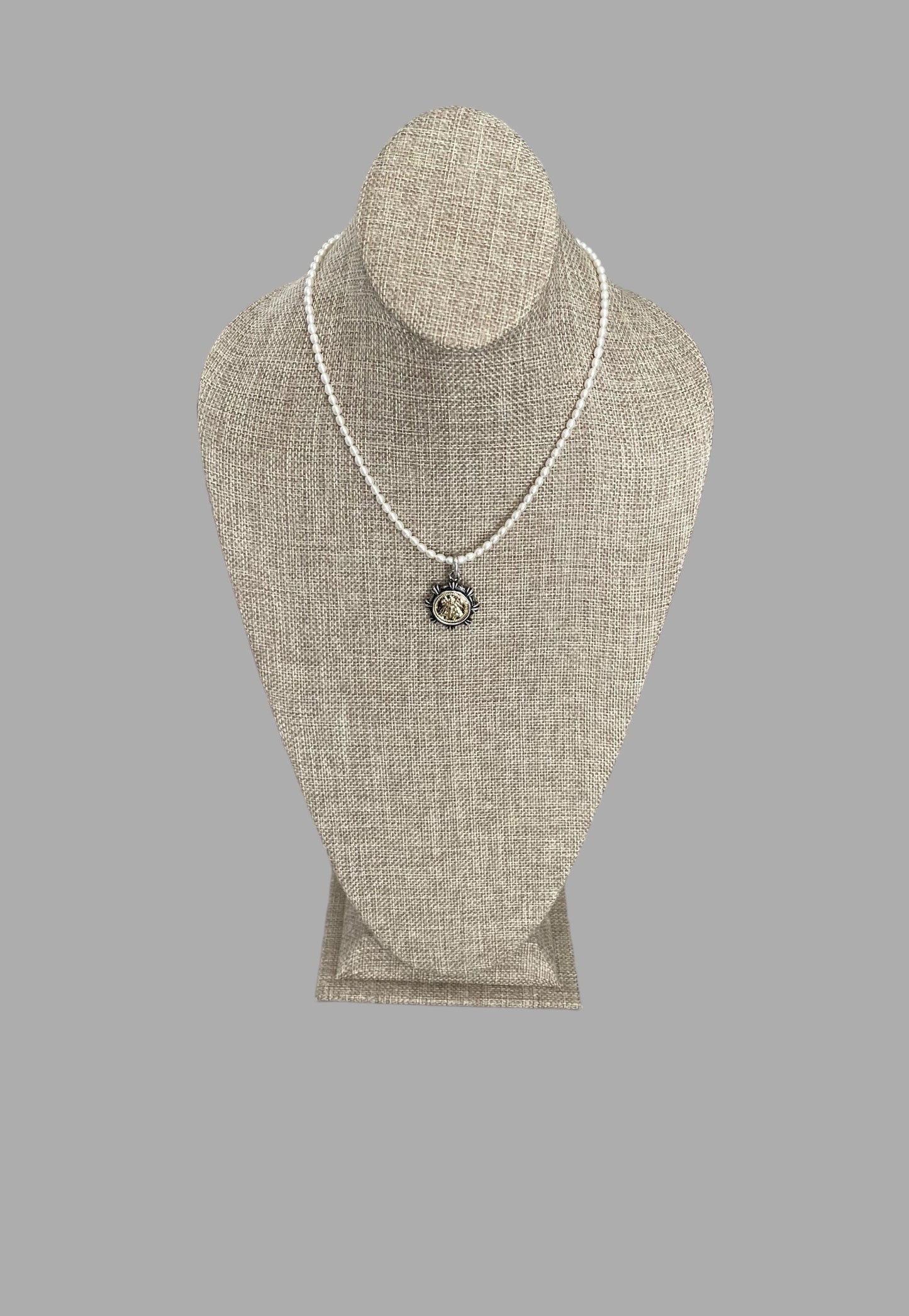 Bee Happy II Necklace: A Freshwater Pearl Necklace w a Silver/Gunmetal/Gold French Bee Coin Pendant