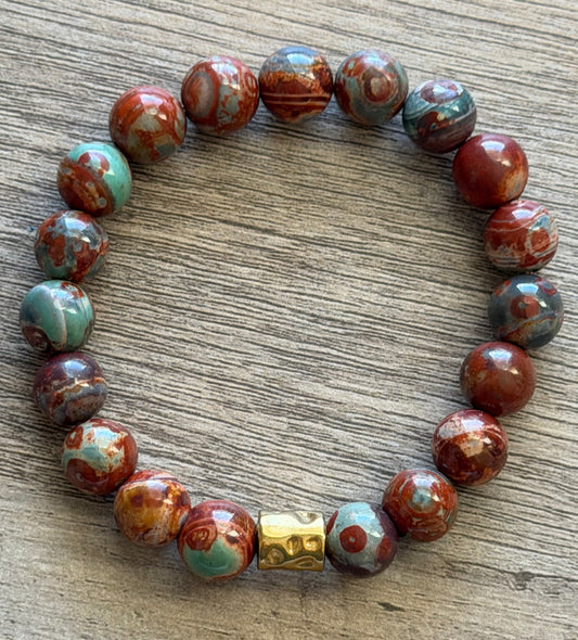 Red Copper & Sage Agate Stretch Bracelet w/ Gold Accent