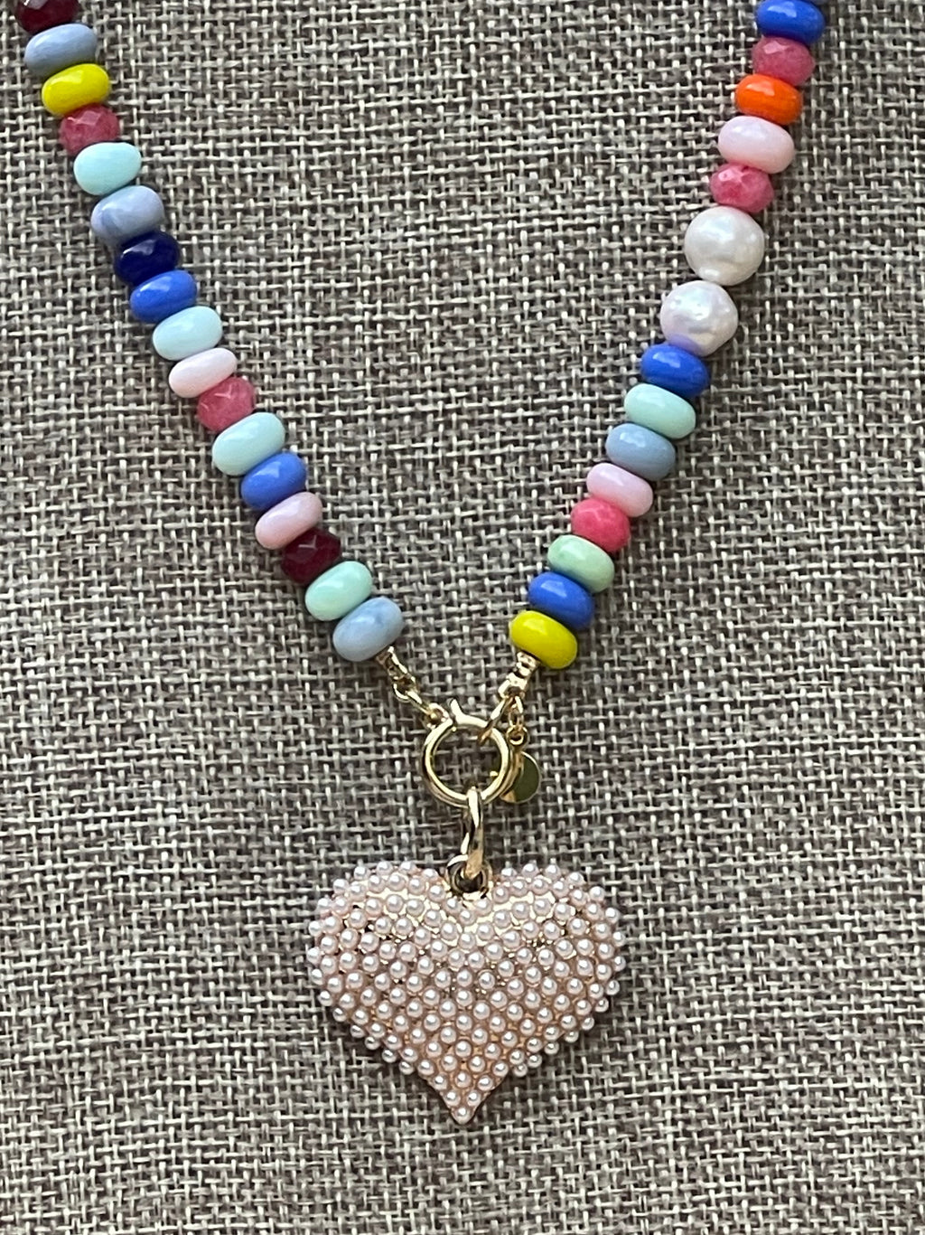 Multi Gemstone Pearl Pavé Heart Necklace: Multi gemstones, high quality round freshwaters pearls OOAK