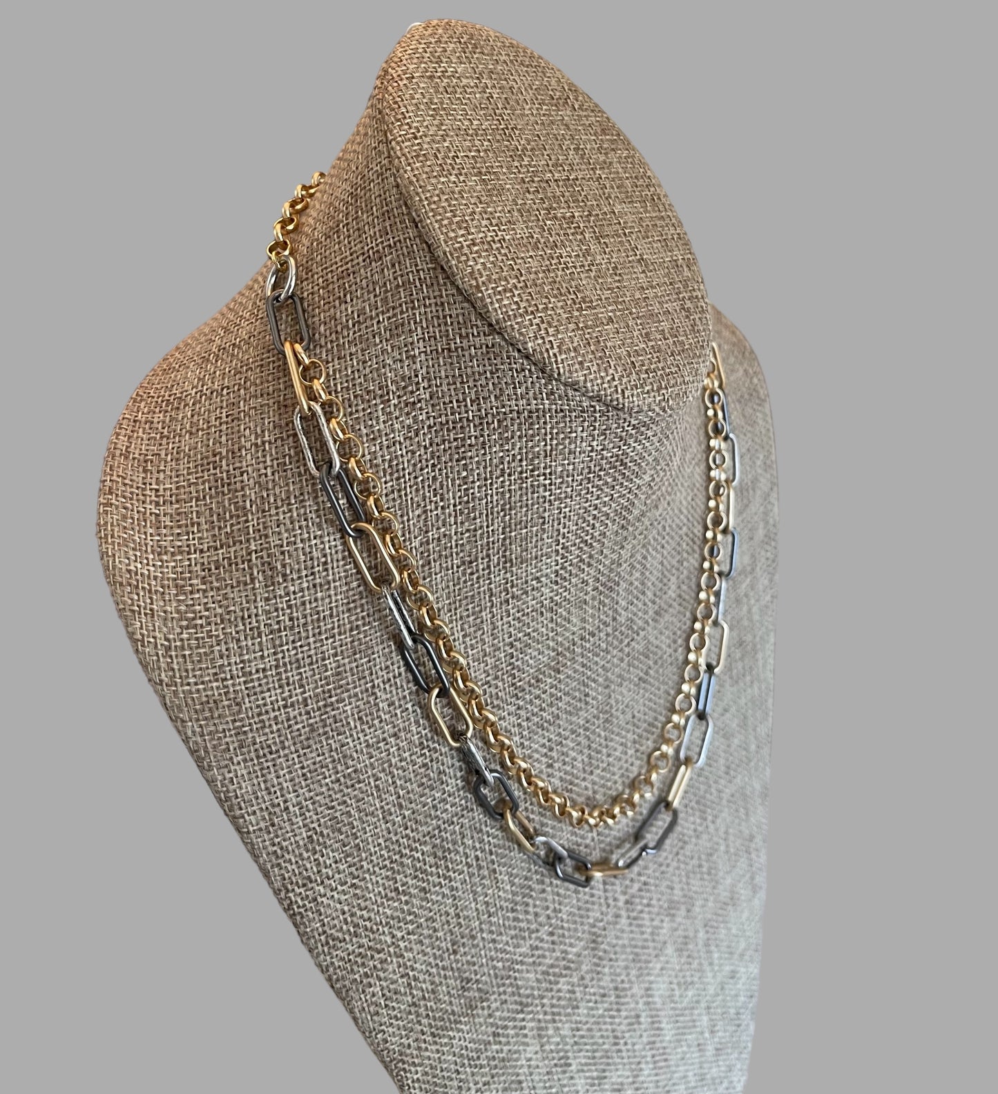 Double Chain Layering Necklace: A brushed gold Rolo chain and a Tri-tone Paperclip chain