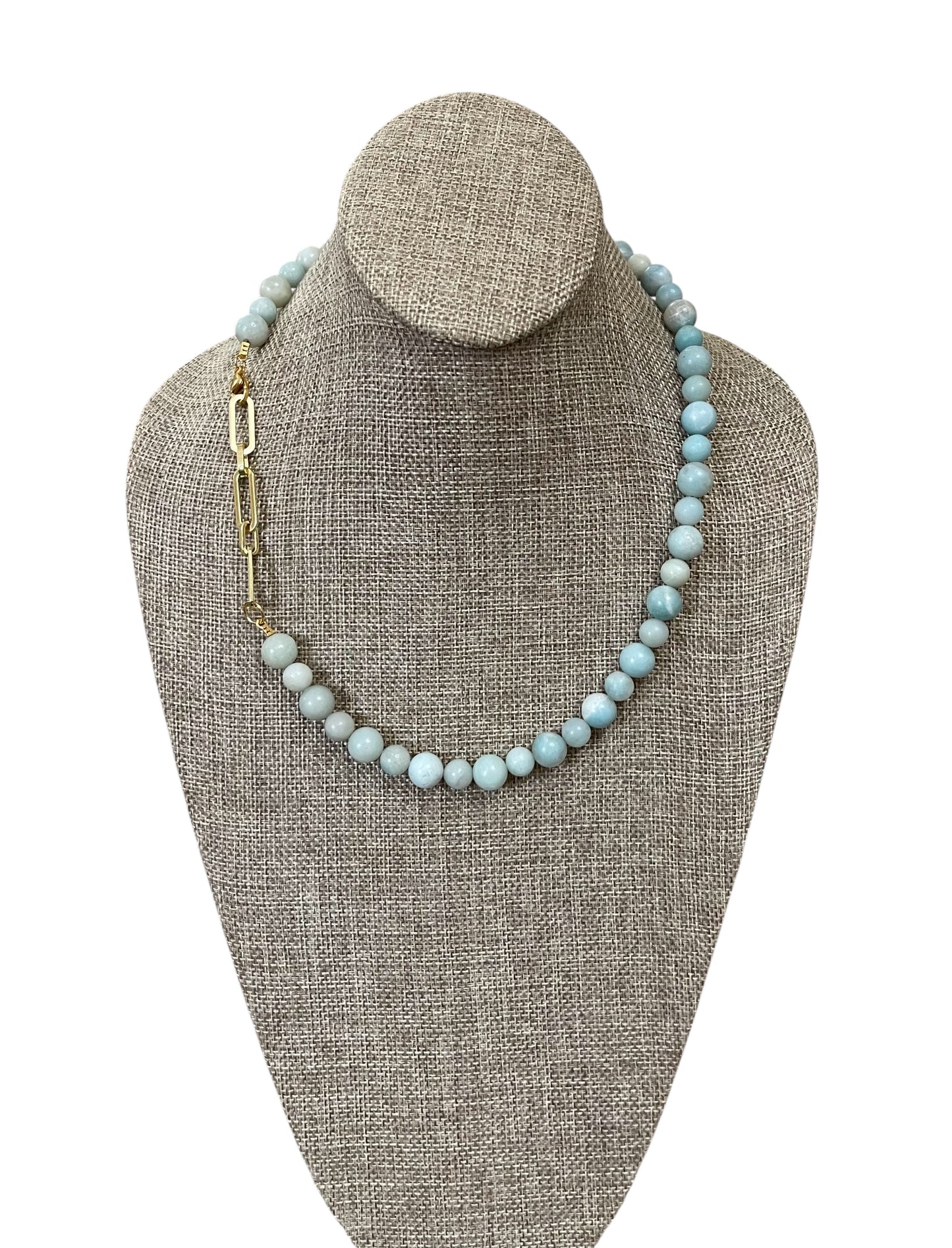 Gemma Amazonite Necklace: Natural Amazonite gemstone 8&10mm beads Gold clasp & Paperclip extender chain OOAK