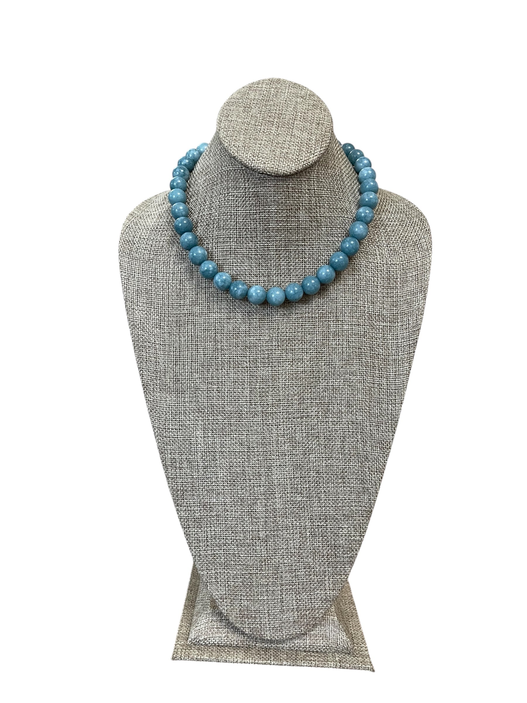 Blue Haven Necklace: Blue Jade gemstone 12mm beads Gold Nautical clasp OOAK