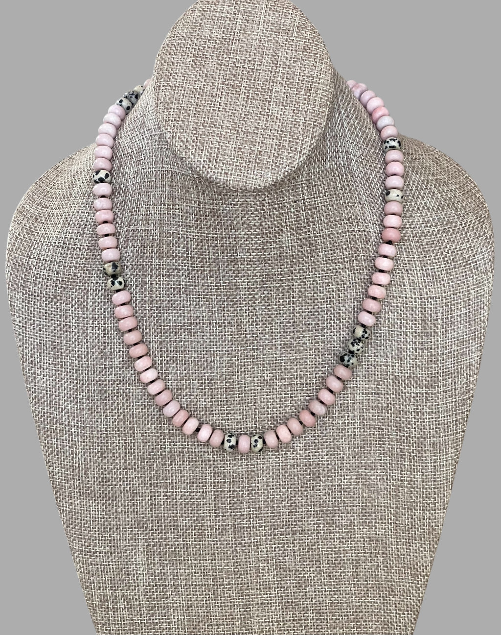 The Pink Leopard Necklace: Natural matte pink opals hand knotted on black silk w Dalmatian Jasper accents Gold pavé leopard heart OOAK