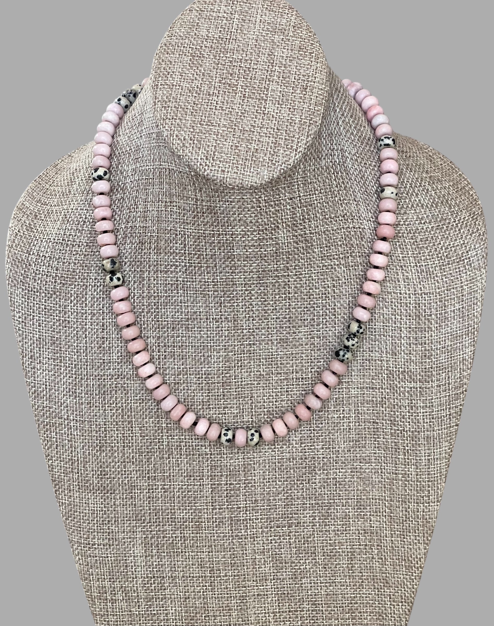 The Pink Leopard Necklace: Natural matte pink opals hand knotted on black silk w Dalmatian Jasper accents Gold pavé leopard heart OOAK