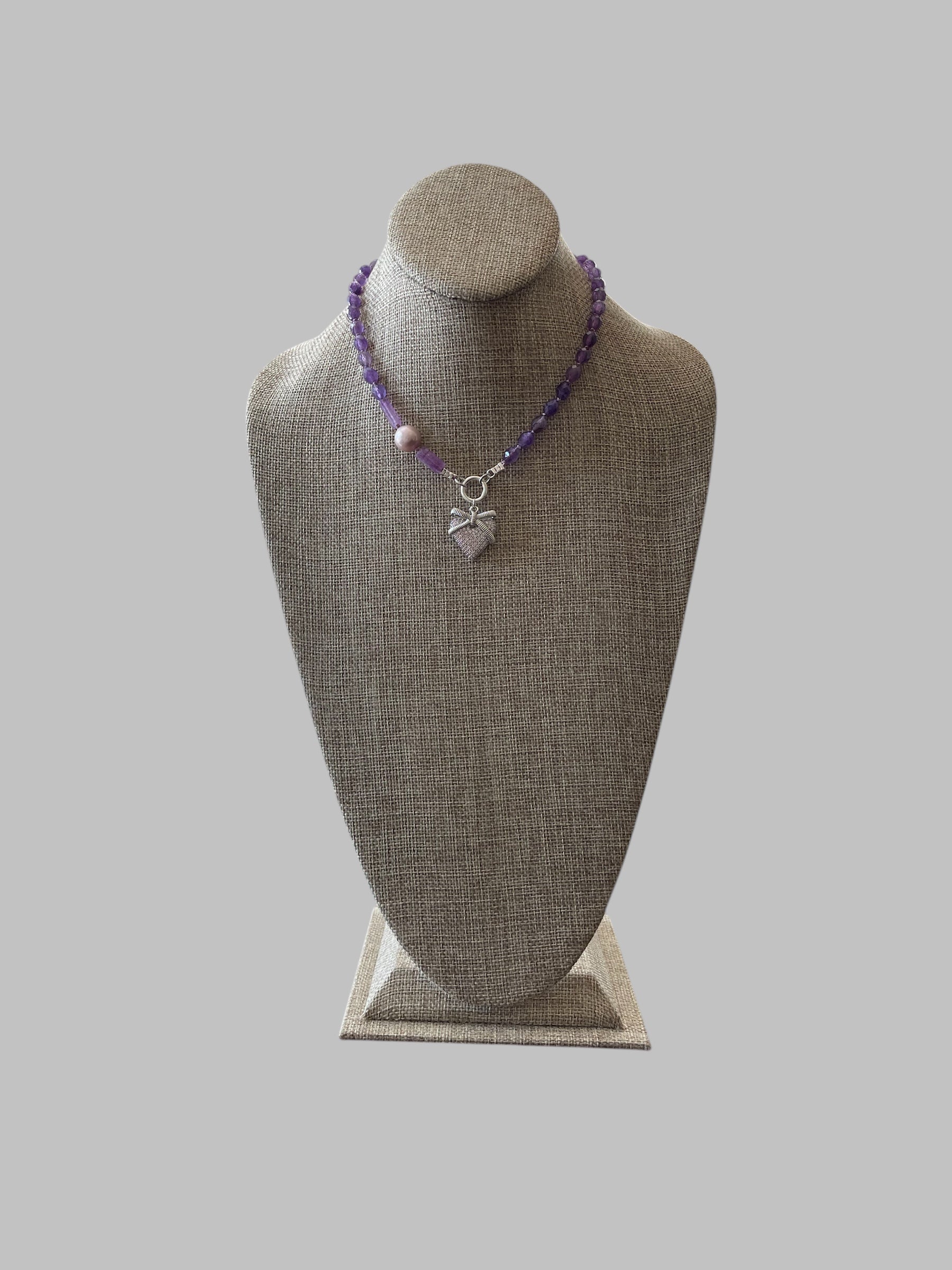 The Amelia Necklace OOAK: Faceted Amethyst hand knotted with a lavender Edison Pearl & pavé heart Silver accents