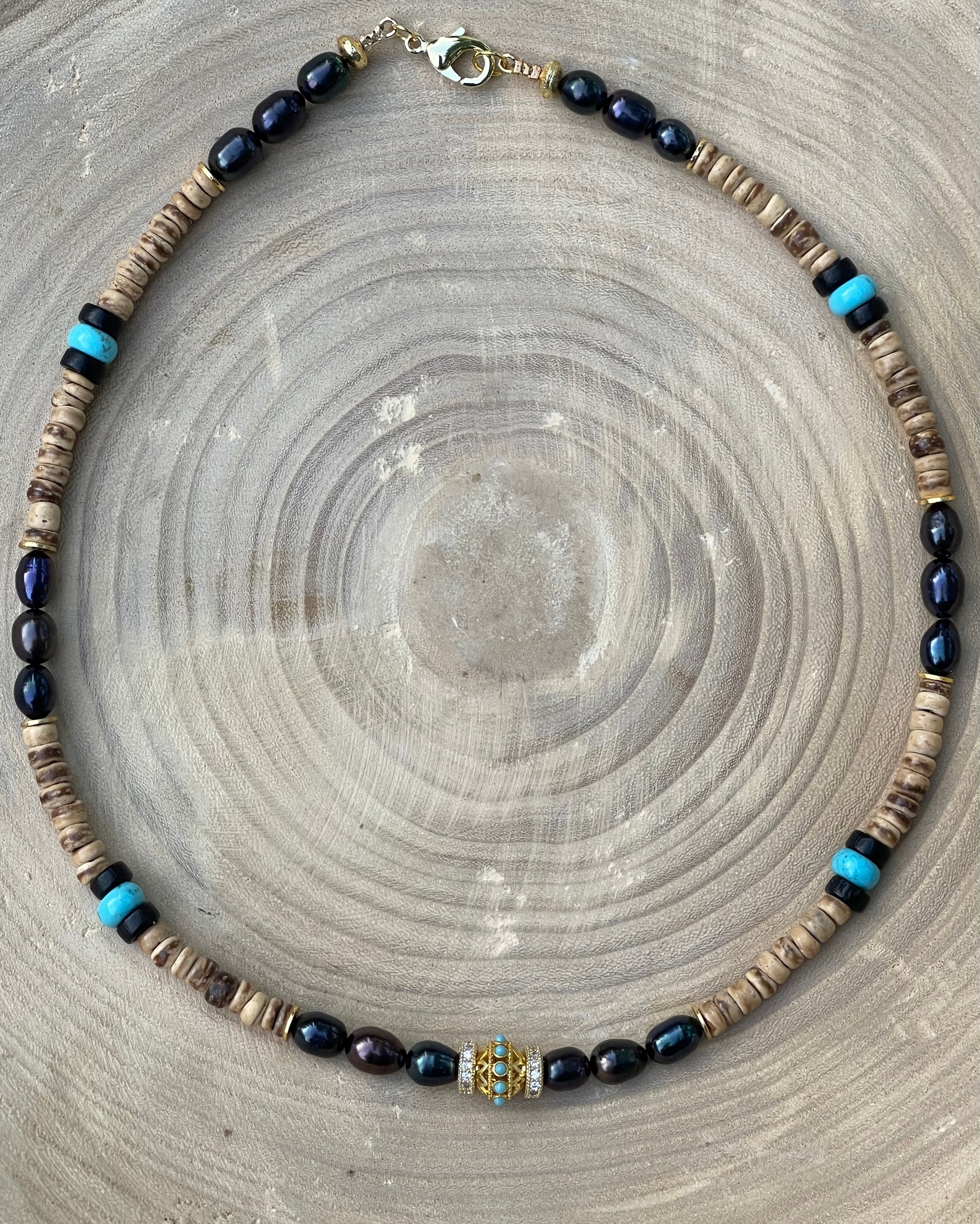 Coconut Midnight Pearl Necklace: Coconut Shell, Freshwater midnight Pearls, Turquoise & gold accents OOAK