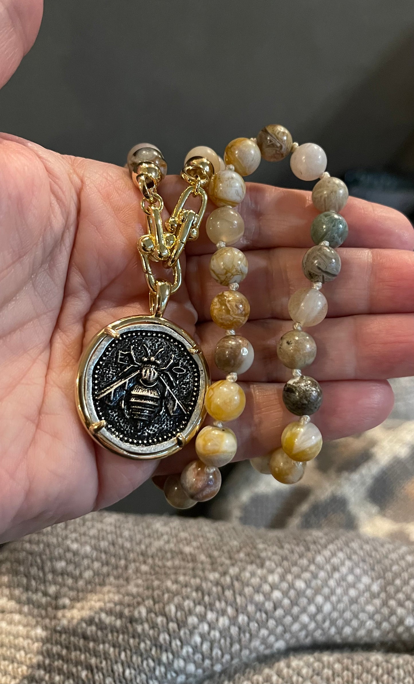 Agate Bee Necklace: Handknotted Bamboo Agate Beads with an Ancient Greek Reproduction Coin Pendant