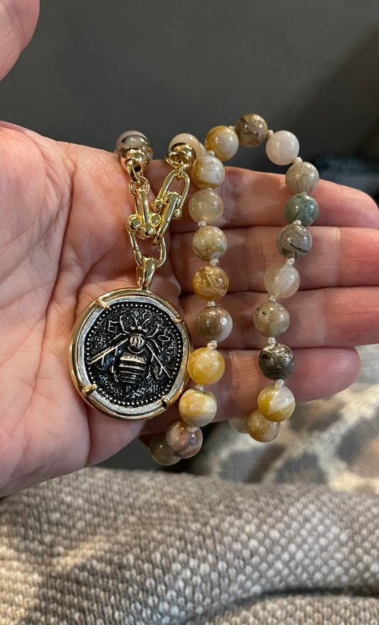 Agate Bee Necklace: Handknotted Bamboo Agate Beads with an Ancient Greek Reproduction Coin Pendant