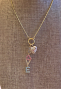 Loving Color Necklace: Thin gold cable chain w/ circle clasp/charm holder Adorable jeweled heart and love charms OOAK