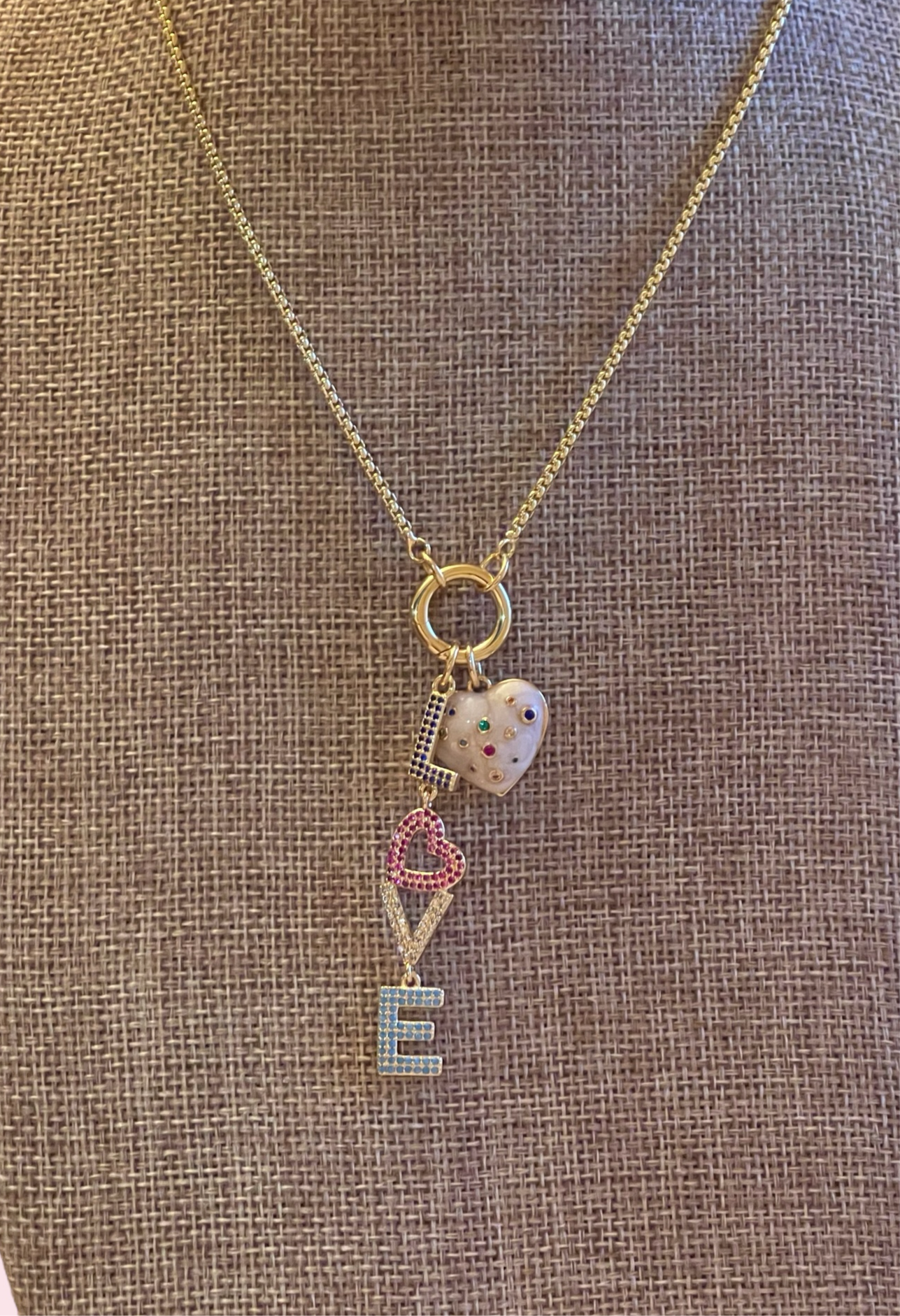 Loving Color Necklace: Thin gold cable chain w/ circle clasp/charm holder Adorable jeweled heart and love charms OOAK