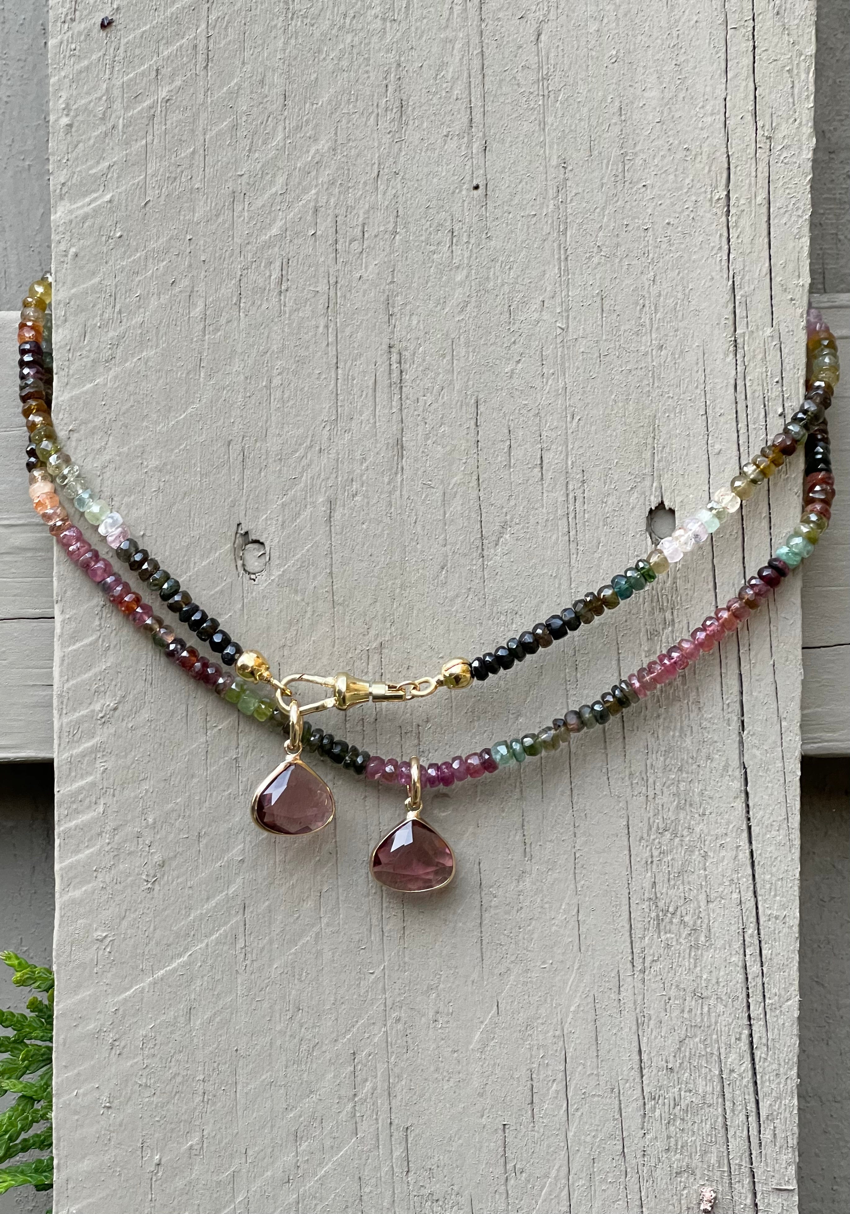 Tourmaline Dream Necklace: Faceted Tourmaline Gemstone beads with a Gold Filled Clasp and a Crystal pendant