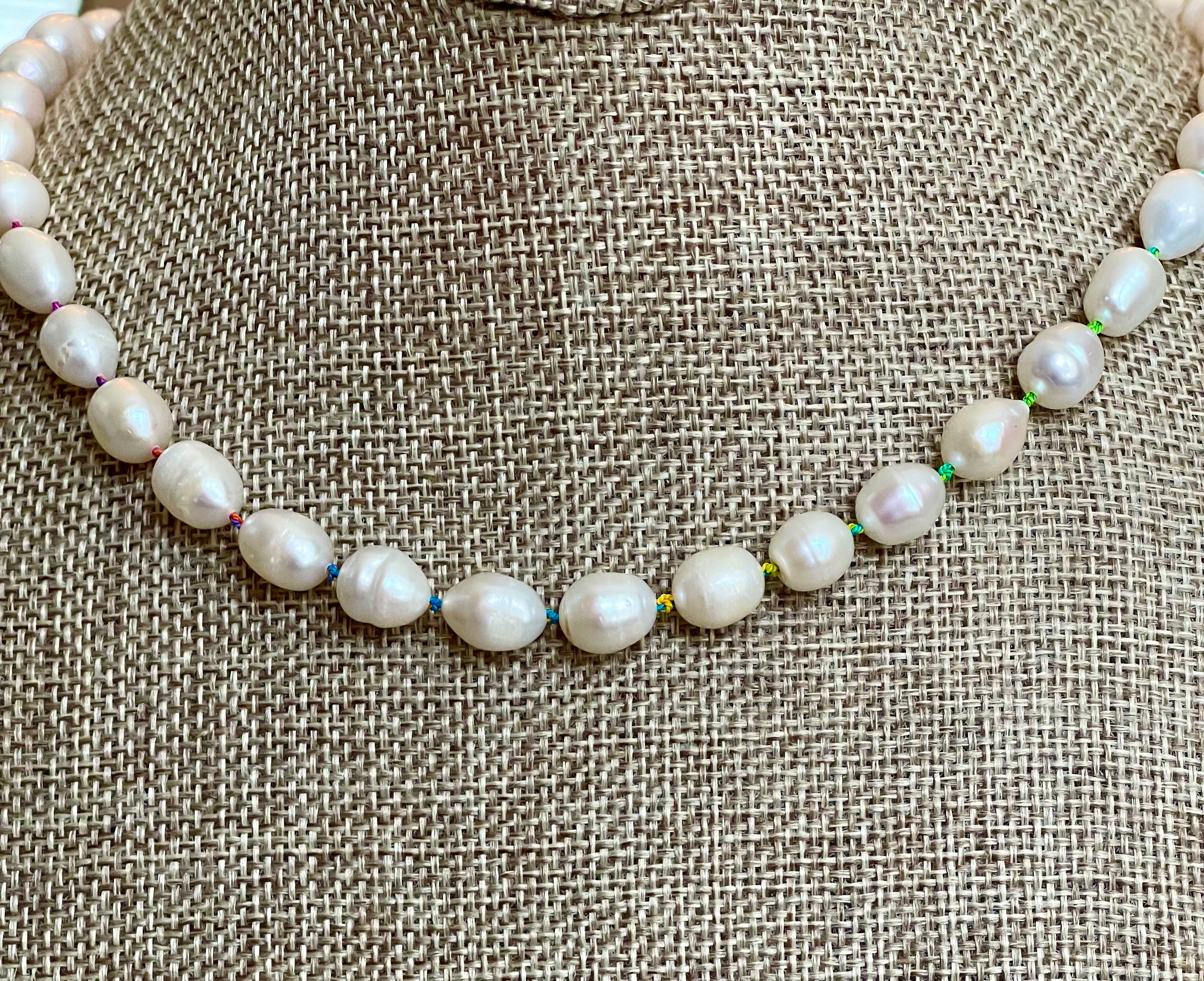 Rainbow Pearls Necklace OOAK! Freshwater Pearls Handknotted on Rainbow Silk